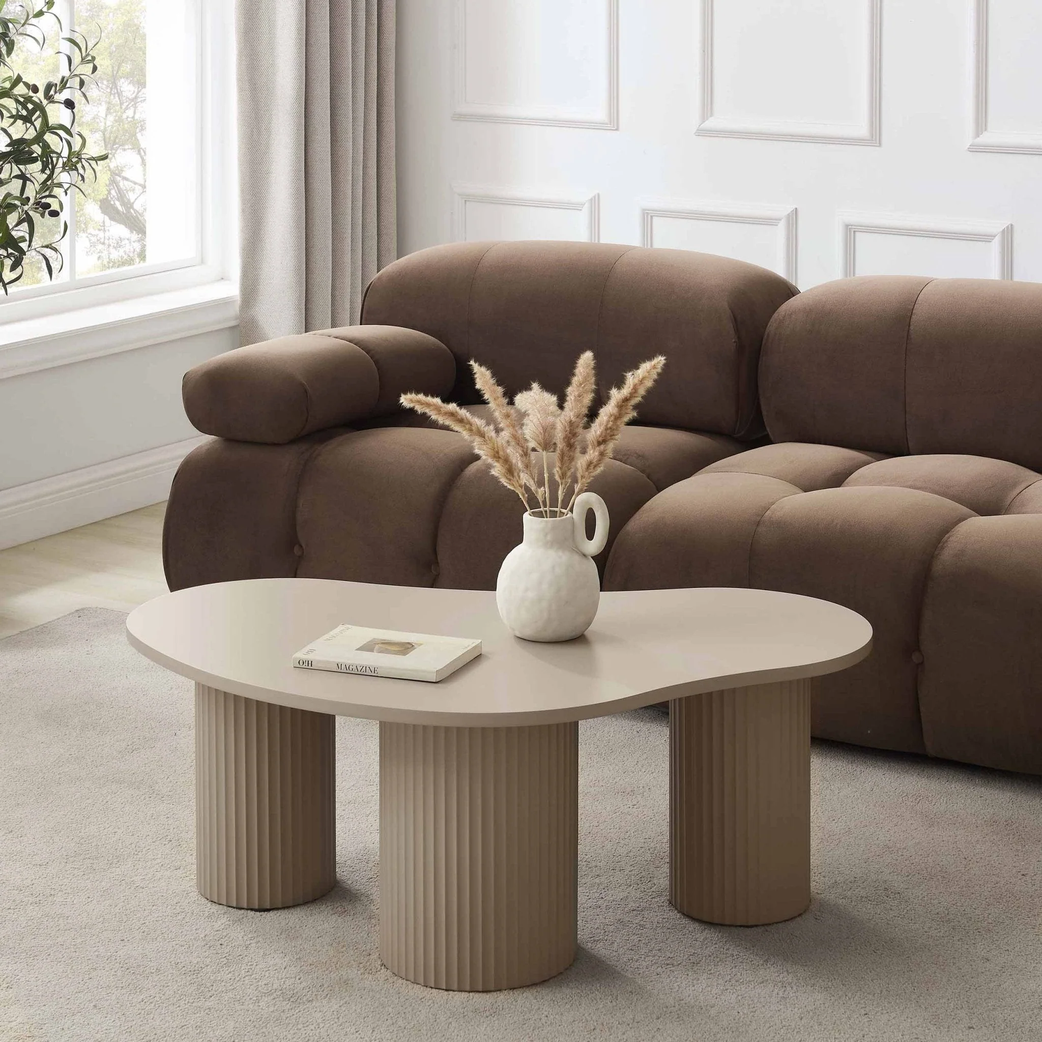 Contemporary Taupe Painted Coffee Table with Irregular Shape for Living Room