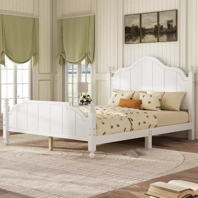 Queen Bed Frame with Headboard, Vintage Wood Platform Bed with Slat Support, White