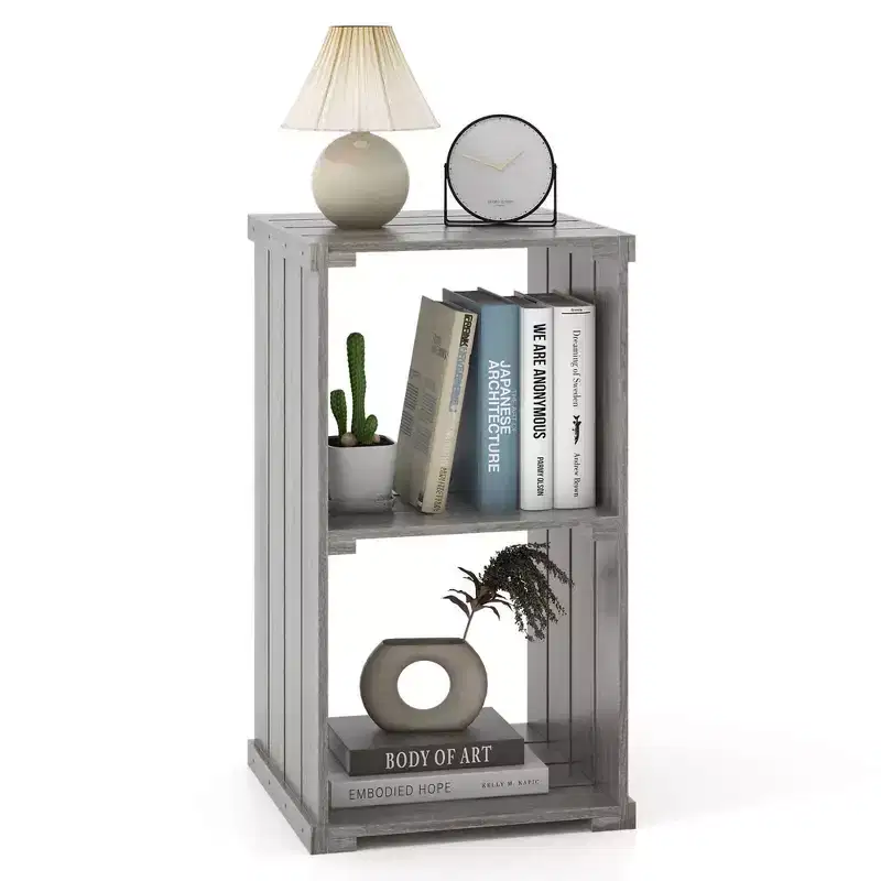 2-Cube Slatted Paulownia Wood Storage Shelf with Open Back, Gray