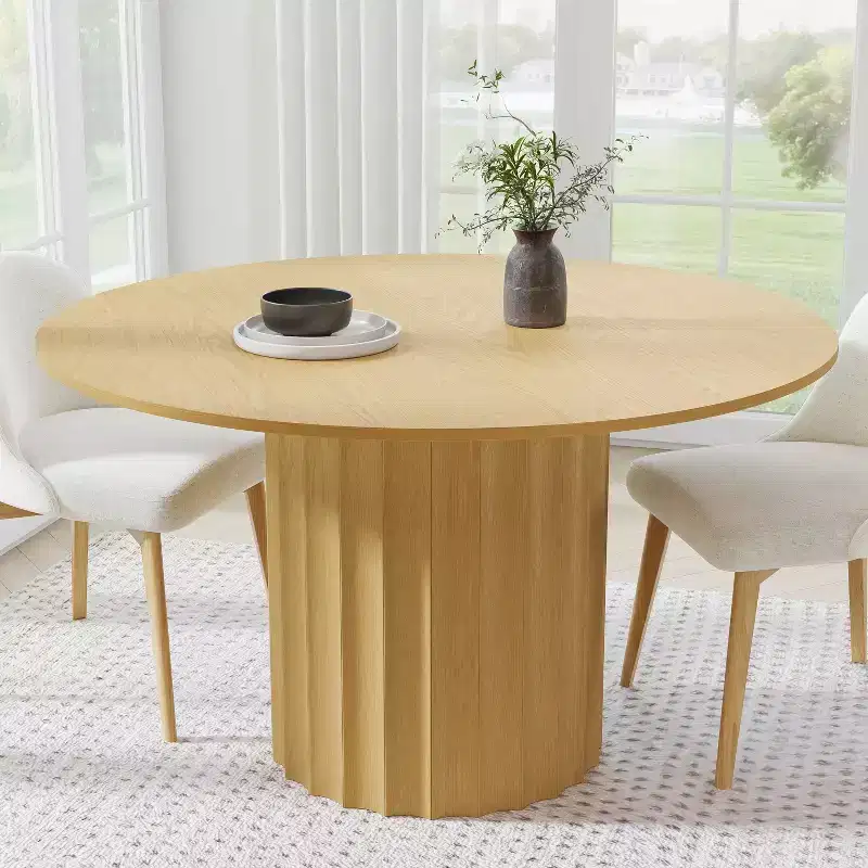 PexFix 52 Solid Wood Round Dining Table Kitchen Table for 4-6 with Tabletop and Fluted Cylindrical Base for Living/Dining Room Coffee Office Natural