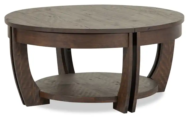 38 Traditional Round Lift Top Coffee Table with Storage and Shelf - Brown Pine