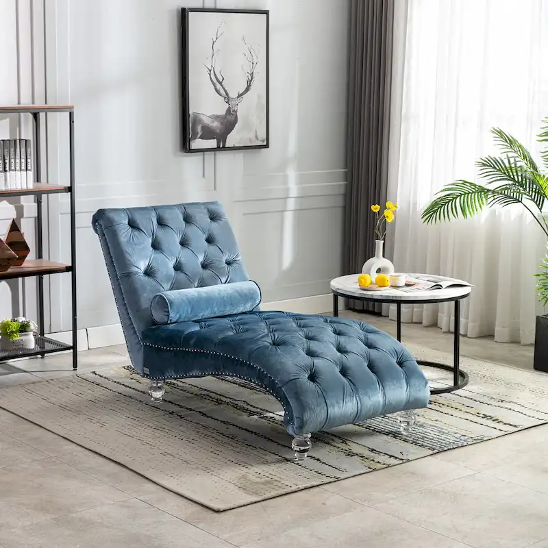 Velvet Tufted Chaise Lounge Chair Ergonomic S Shape Recliner with Pillow, Nailhead Trim and Acrylic Legs for Indoor Use