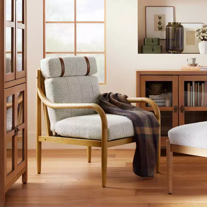 Boucle Upholstered Wood Accent Arm Chair - Rubberwood Frame, Removable Cushions
