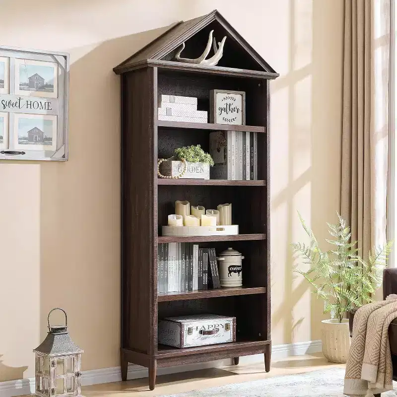 Bookshelf with Adjustable Shelves, 75.9 Tall Wide Bookshelf with Storage, 5 Tiers Open Shelves Bookcase with Triangular Top