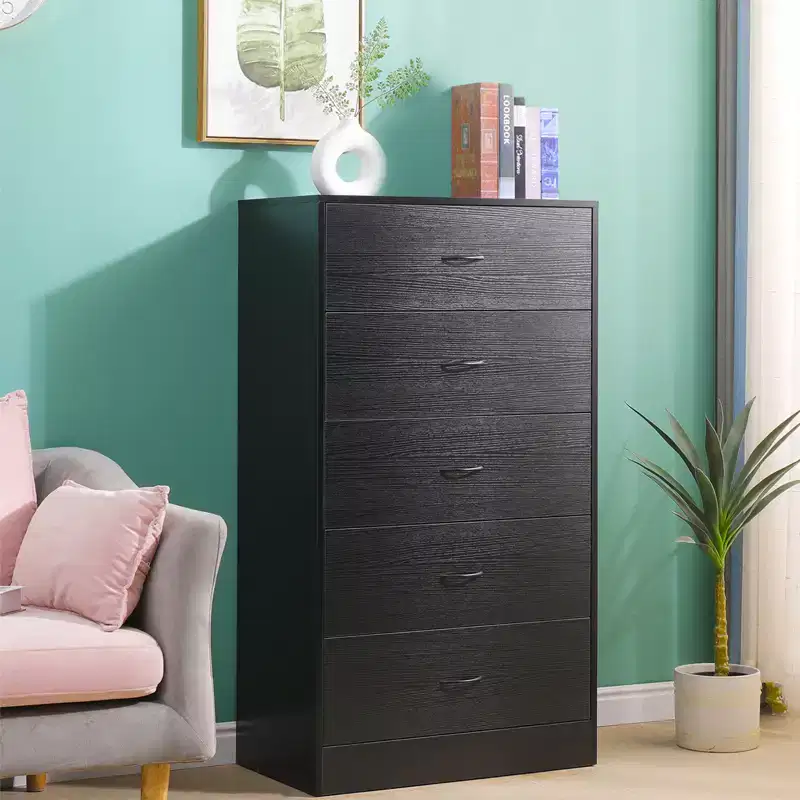 5 Drawer Dresser for Bedroom Tall Modern Chest of Drawers Steel Frame MDF Storage Black