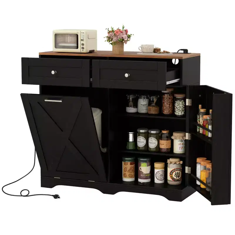 Tilt Out Trash Can Cabinet with Outlets, 2 Drawers, Adjustable Shelf & Anti-Tipping Kit