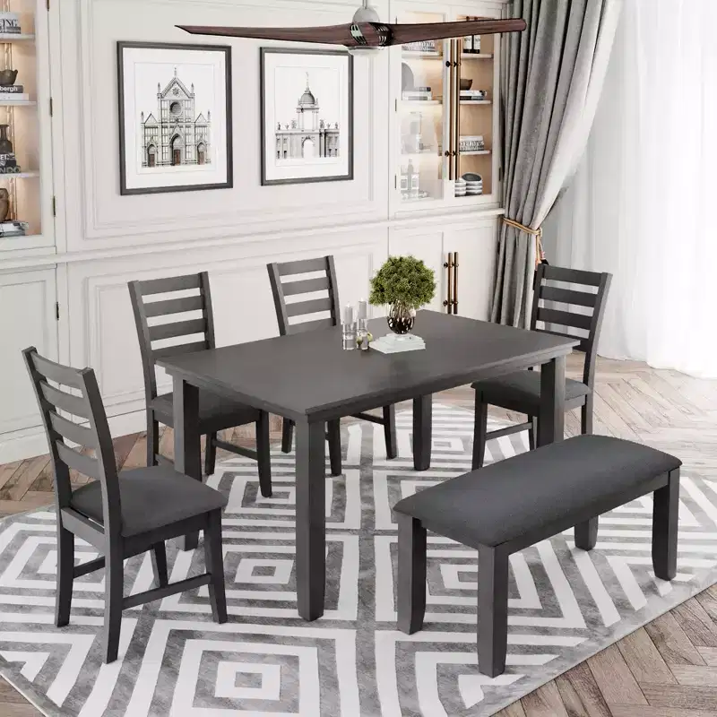 Whisen 6-Piece Rustic Wood Dining Room Set with 4 Chairs and Bench