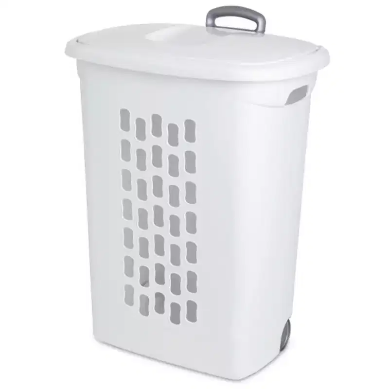 Sterilite Ultra Wheeled Laundry Hamper with Lid, Handle and Wheels for Easy Rolling of Clothes to and from the Laundry Room, Plastic, White, 3-Pack