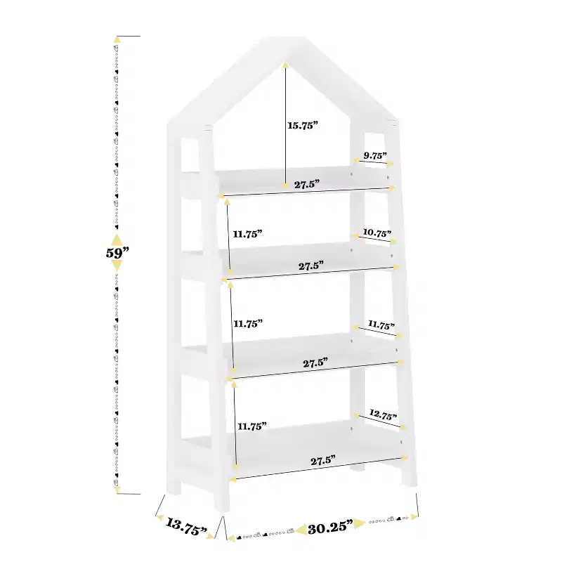 Wood Open Bookshelf with Covered Triangular Top, 4 Shelves and Squared Legs