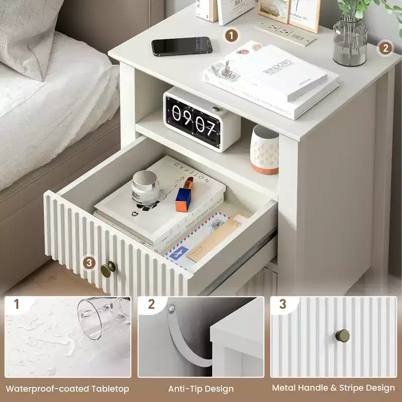 Fluted Nightstand, Wooden End Table Set with 2 Storage Drawers and Charging Station for Bedroom or Home Office, Set of 2, White