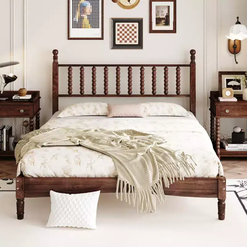 Queen Size Wood Platform Bed with Gourd Shaped Headboard, Retro Style Bed with Wooden Slat Support -