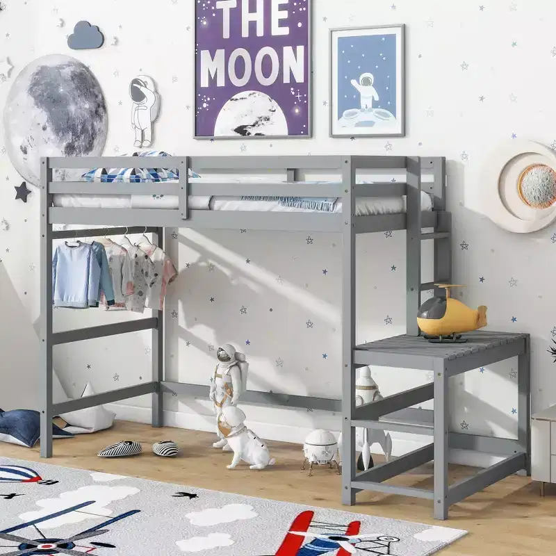 MAYEERTY Twin High Loft Bed with Ladder Labding Platform Gray