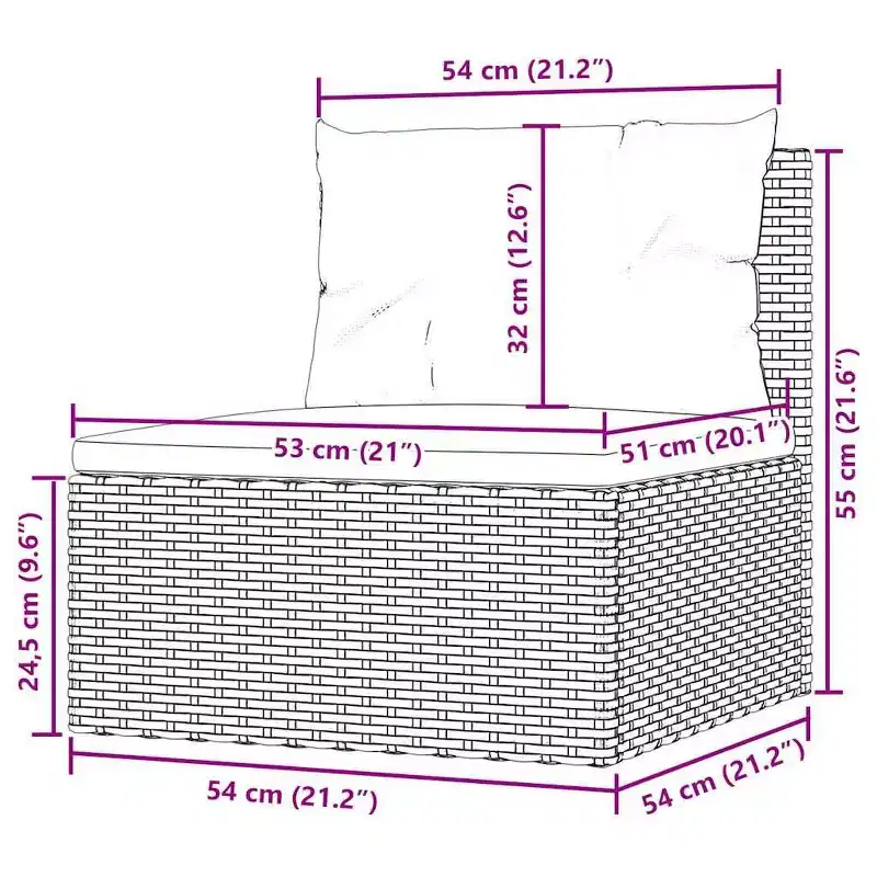 vidaXL Garden Middle Sofa Black PE rattan 21.3 in x 21.3 in x 21.7 in