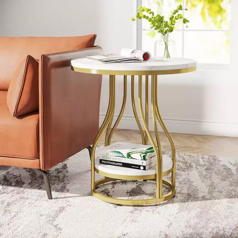 LITTLE TREE Modern 2 Tier Round Side End Table with Storage for Living Room White/Gold
