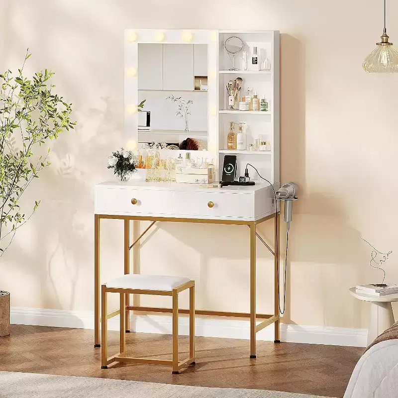 Small Makeup Vanity Desk with Mirror & Lights - 2 Drawers, Stool, Power Outlet & Open Shelves, Compact Vanity Table for Bedroom