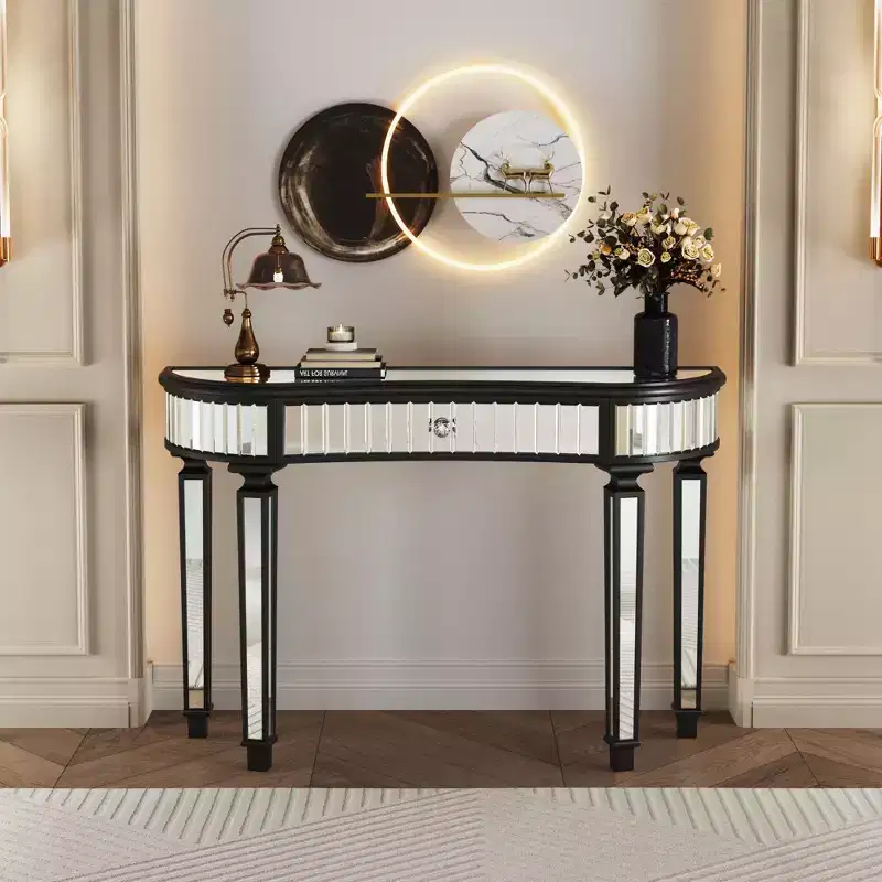 47 Mirrored Console Table with 2 Drawers, Fluted Glass Half Moon Entryway Table with Crystal Knob, Makeup Vanity for Bedroom, Living Room