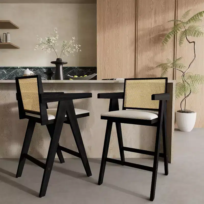 Christopher Knight Home Kelsey Modern Minimalist Rubberwood and Cane Upholstered Bar Stools (Set of 2)