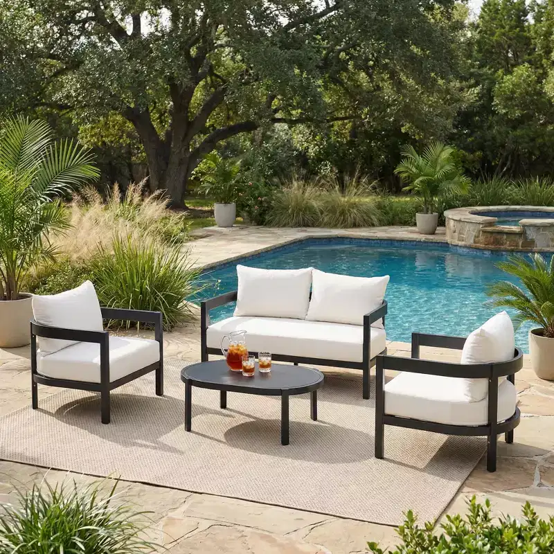 GDFStudio Estella 4 Piece Modern Outdoor Aluminum Conversation Set with Glass Coffee Table