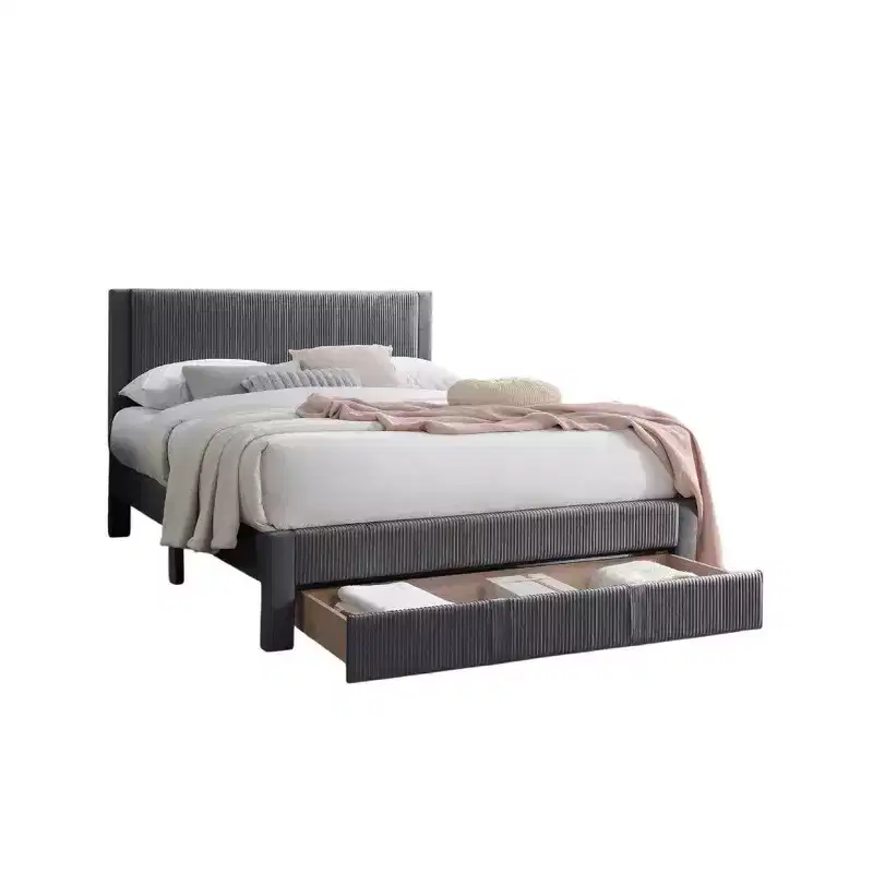 Royal Hampton Full Bed w Drawer, Dark Gray Corduroy Upholstery, Foam Headboard
