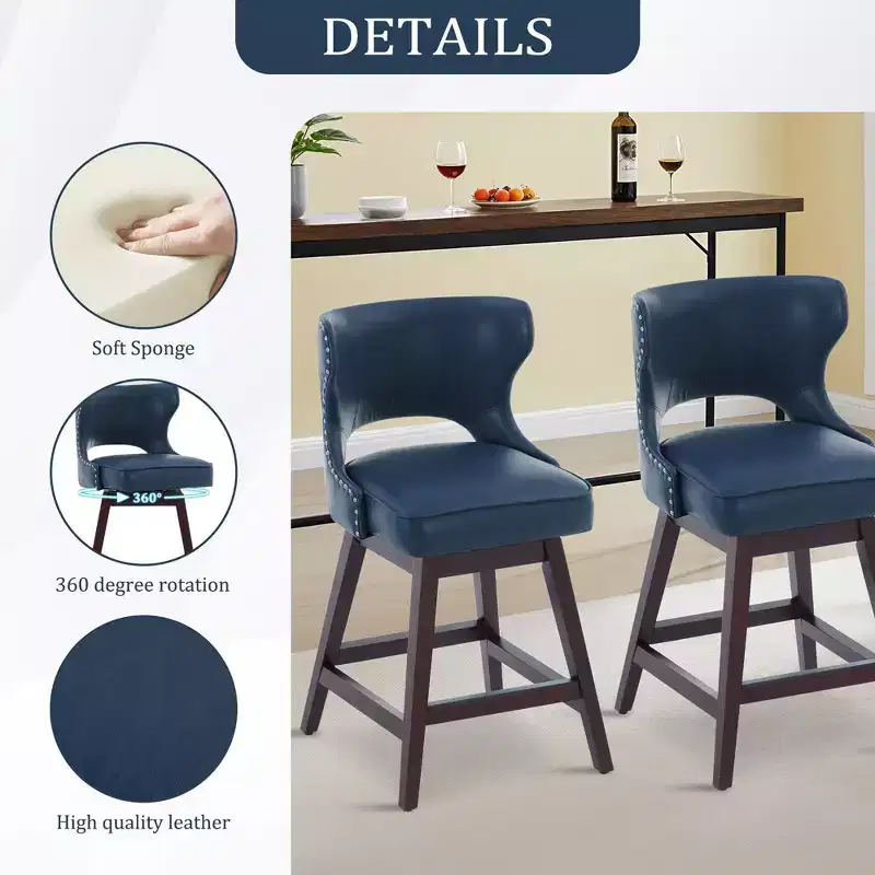 Swivel Nailhead Counter Bar Stools Set of 2 Upholstered 360° Solid Wood Legs 26