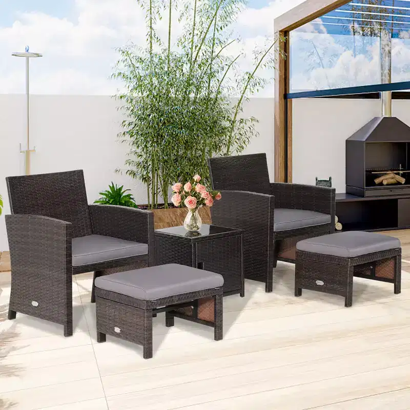 Costway 5PCS Patio Rattan Furniture Set Ottoman Cushioned W/Cover Space Saving Off White/Gray/Red/Turquoise