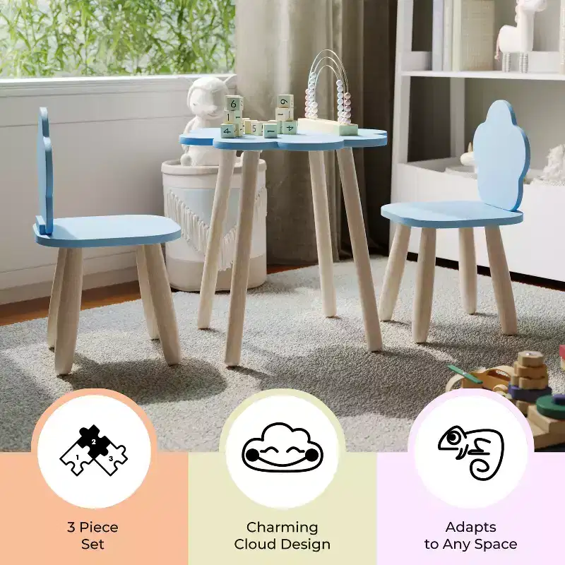 Buzz & Bloom Kids 3-Piece Wood Cloud-Shaped Table and Chairs Set