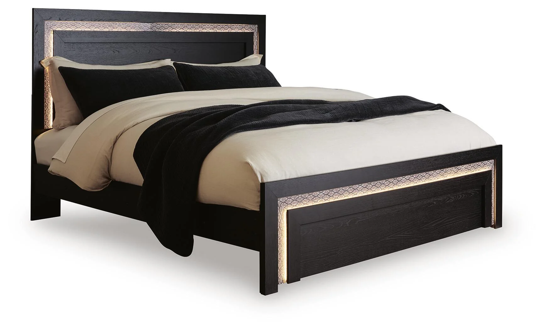 Panel Bed — A sleek finish pairs with a snakeskin-inspired accent for a richly luxurious look and feel