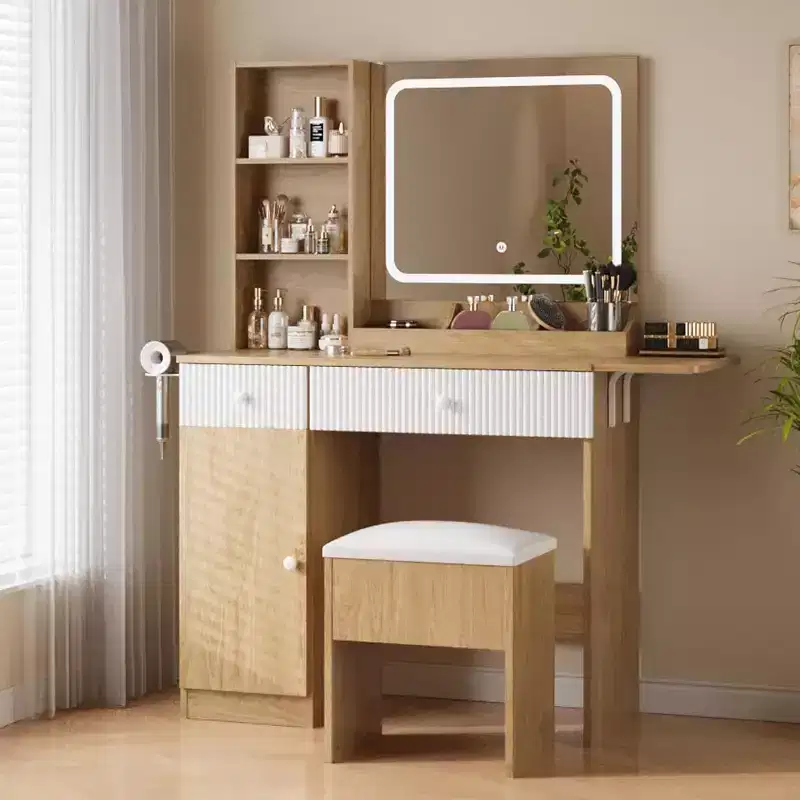 Vanity Desk with Mirror, Makeup Table Set with Drawers, Cabinet, Storage Stool Space-Saving Bedroom Dressing Table