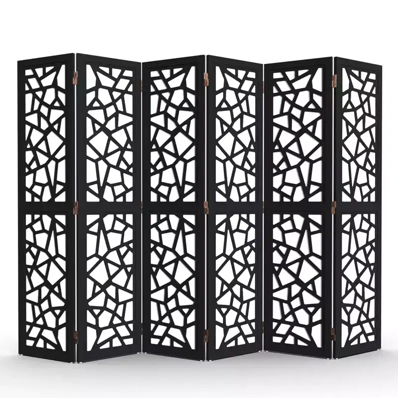 6 Panel Room Divider, Non-Woven Fabric Privacy Screen, Indoor Partition Wall Divider, Freestanding Space Separator with Unique Pattern, Black