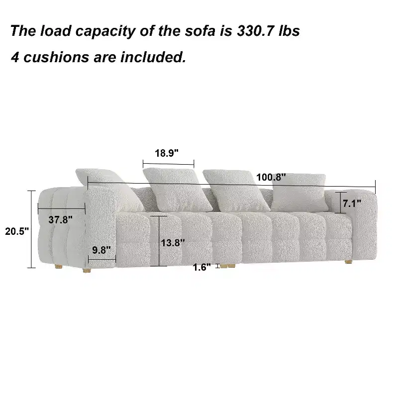 100.8W Modern 4-Seat White Teddy Velvet Sofa with Solid Wood Base