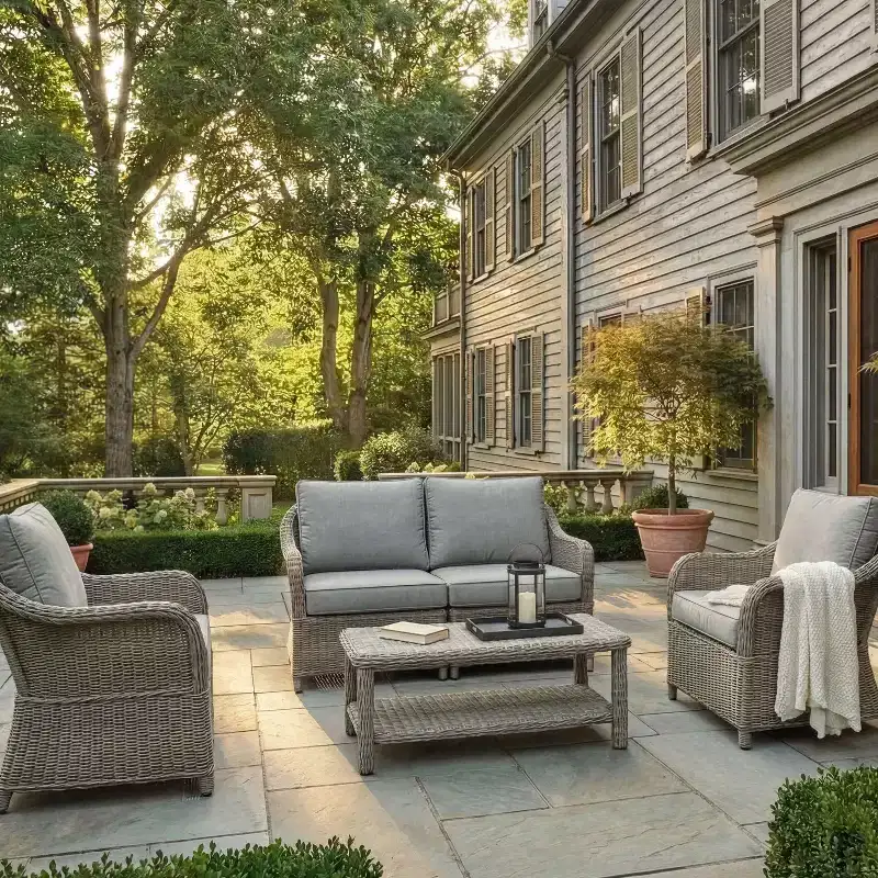 Martha Stewart All-Weather Rattan Wicker Patio Loveseat, 2 Chairs,Coffee Table - Weathered Gray