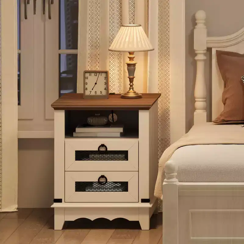 Farmhouse Nightstand with Charging Station, Rustic End Table with Drawers and Open Storage Shelf, Bedside Table for Bedroom, Living Room, Brown+White