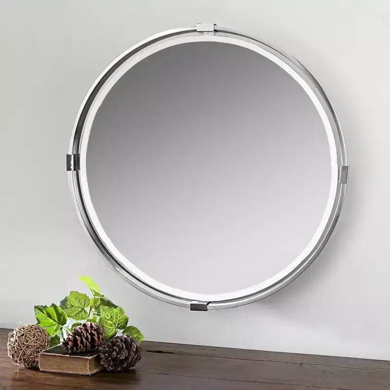 Brushed Nickel Metal Round Beveled Wall Mirror 29.5
