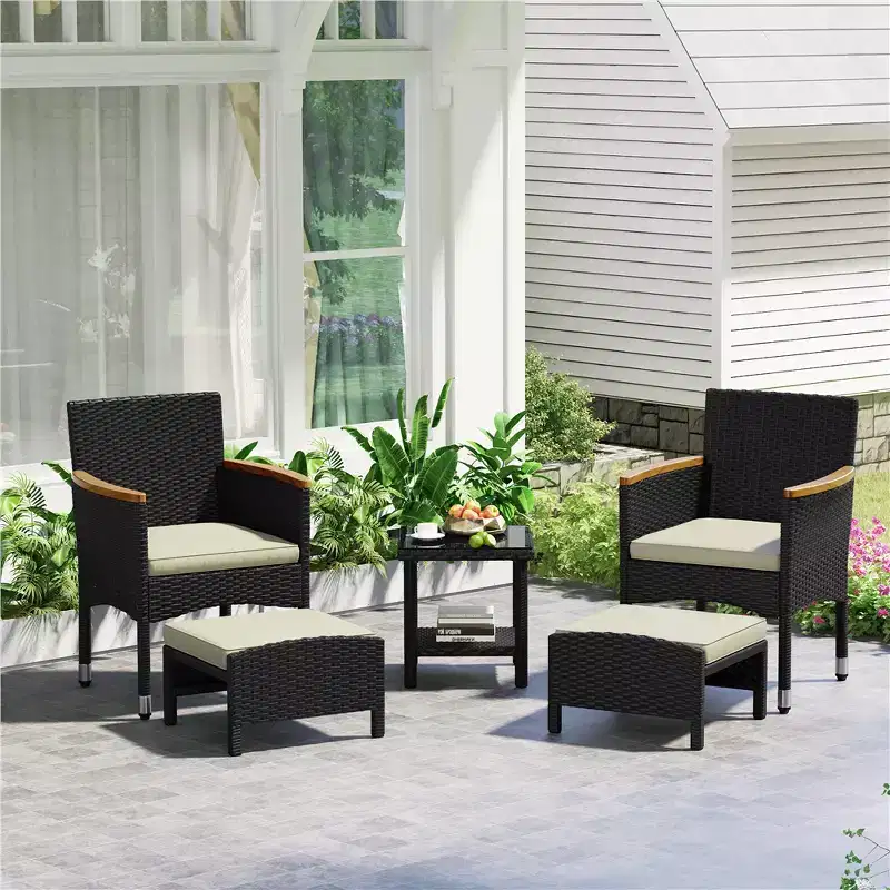 Yaheetech Set of 5 Patio Furniture Set wirh Cushioned Chair, Ottomans and Coffee Table for Garden
