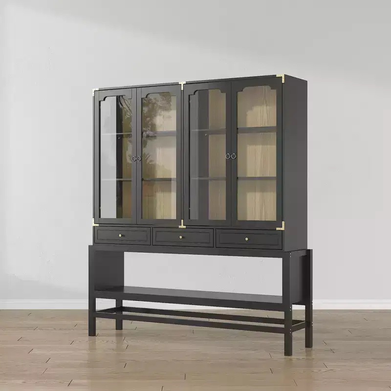 Kitchen Pantry Cabinet with Glass Doors, Adjustable Shelves & Gold Accents, Dishware Display Storage