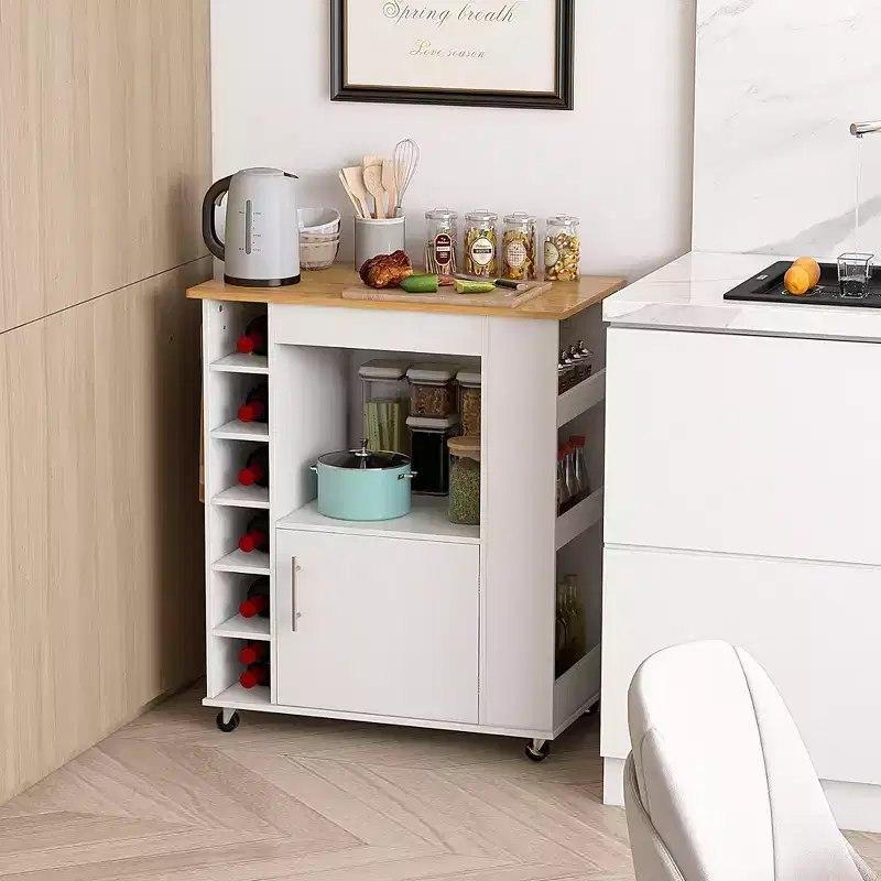 Costway Kitchen Island with Storage Rolling Kitchen Cart with Towel Rack Storage Cart on Wheels w/Bamboo Top 6-Bottle Wine Rack Spice Rack White