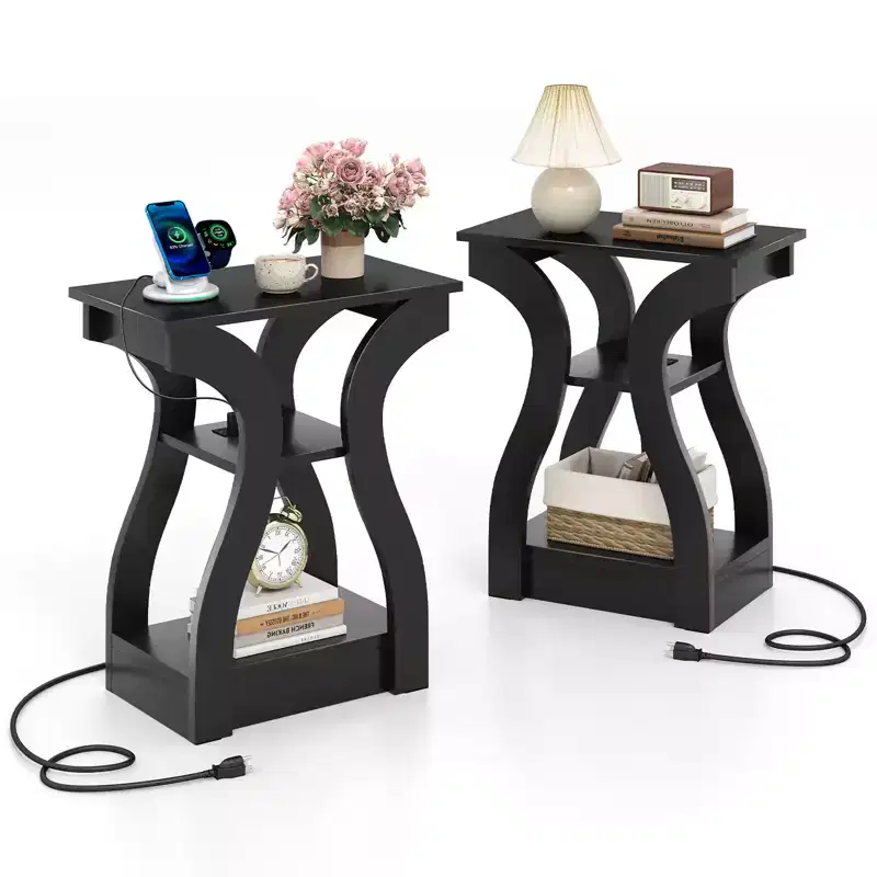 Costway End Tables w/Charging Station Set of 2 3-Tier Side Tables w/USB Ports & Outlets