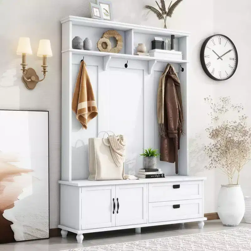 Okak Modern Hall Tree with Storage Cabinet and 2 Large Drawers, Widen Coat Rack with 5 Hooks, Coat Tree for Entryway, Living Room, White
