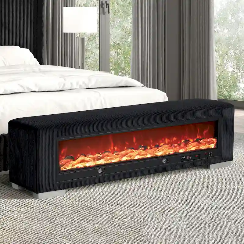Goffney Chenille Bench with Fireplace Simulator and Bluetooth Audio