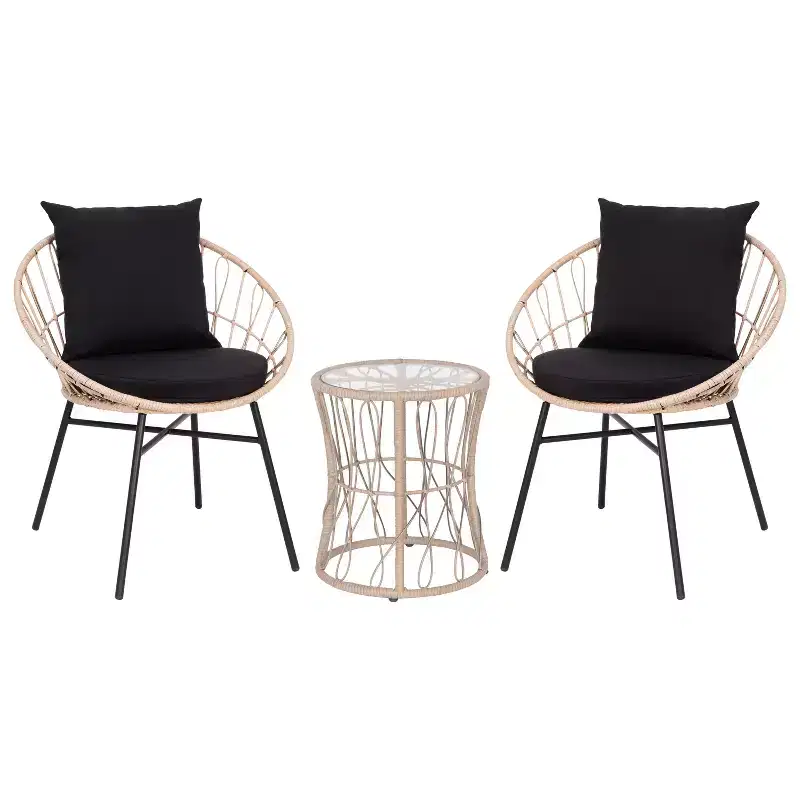 Emma and Oliver 3 Piece Boho Patio Set - Faux Rattan Rope Papasan Style Chairs with Cushions and Glass Topped Side Table