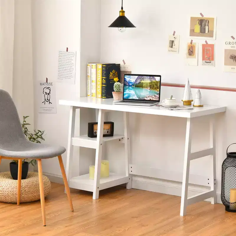 Costway Trestle Computer Desk Home Office Workstation w/Removable Shelves Vintage BlueWhite