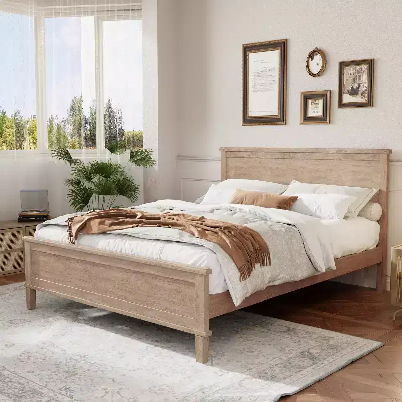 Full/Queen/King Size Platform Bed Frame with Headboard and Wood Slat Support, White/Brown-ModernLuxe