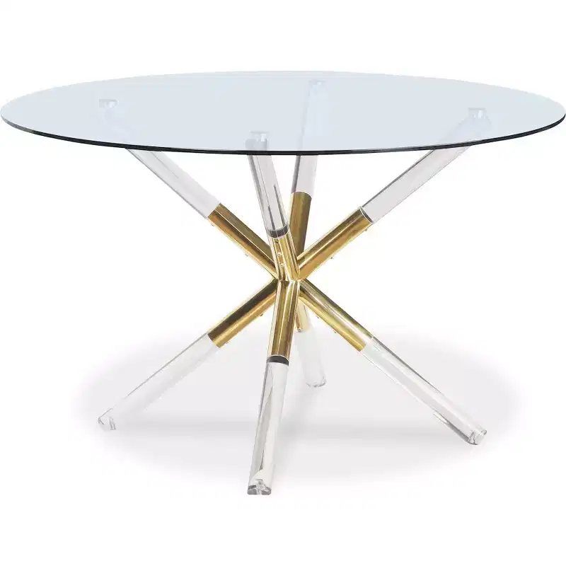 Metal & Tempered Glass Round Dining Table with Acrylic Gold Pedestal Base 48''W x 30''H
