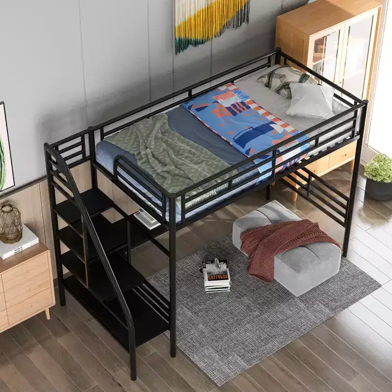Metal Twin Size Loft Bed with Desk, Black - ModernLuxe