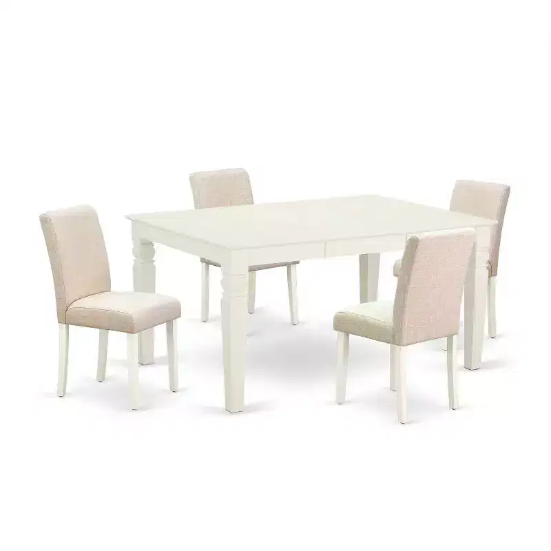 Rectangle Kitchen Dining Table Set - 5pc Table & 4 Chairs - Linen White Legs - Light Beige Fabric
