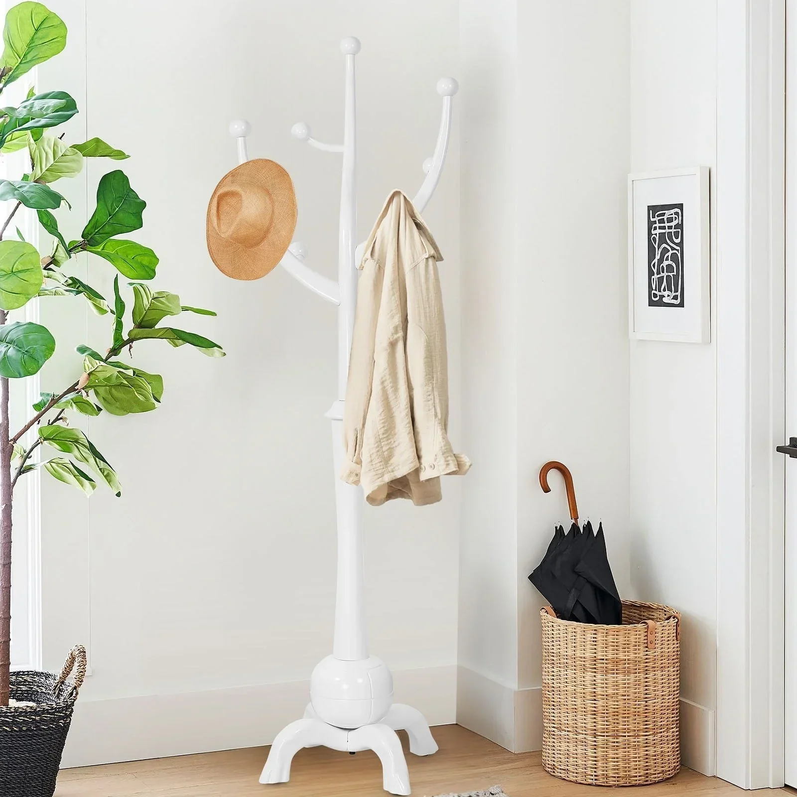 Tree-branch Rubberwood Freestanding Coat Rack with 8 Hooks - 24.5W x 70.87H