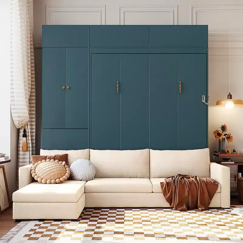Queen Murphy Wall Bed with Beige Sofa and Shelves, Green Panel