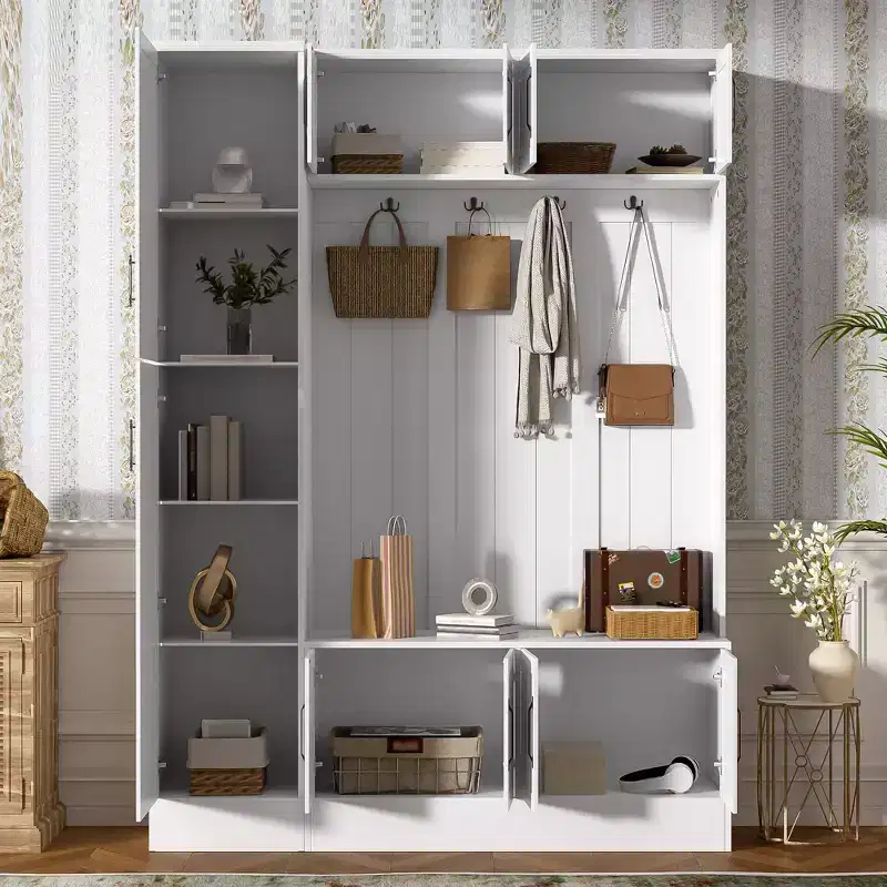 79IN Modern Hall Tree with 6 Cabinets and 4 Coat Hooks, Coat Rack with Shoe Storage Bench and Adjustable Shelf for Hallway, Living Room, White
