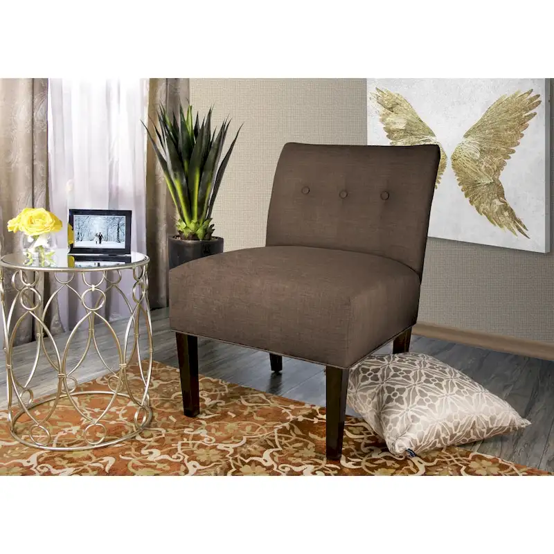 Button Tufted Accent Chair in Brownstone, Ikat Patterned Fabric with Espresso Wood Legs