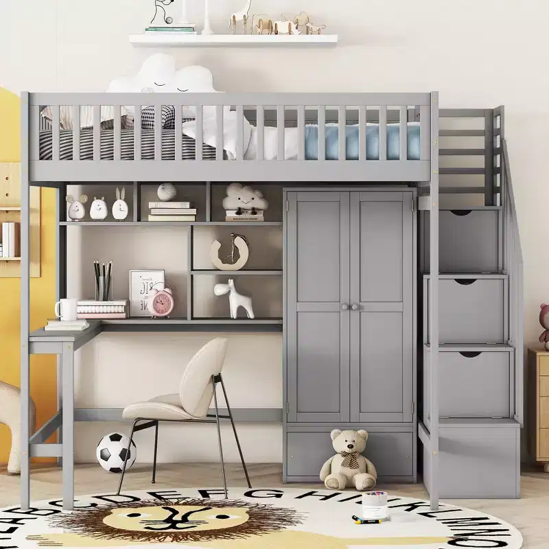 Wood Full Size Loft Bed with Bookshelf, Desk, Drawers & Wardrobe 94.4''L x 57''W